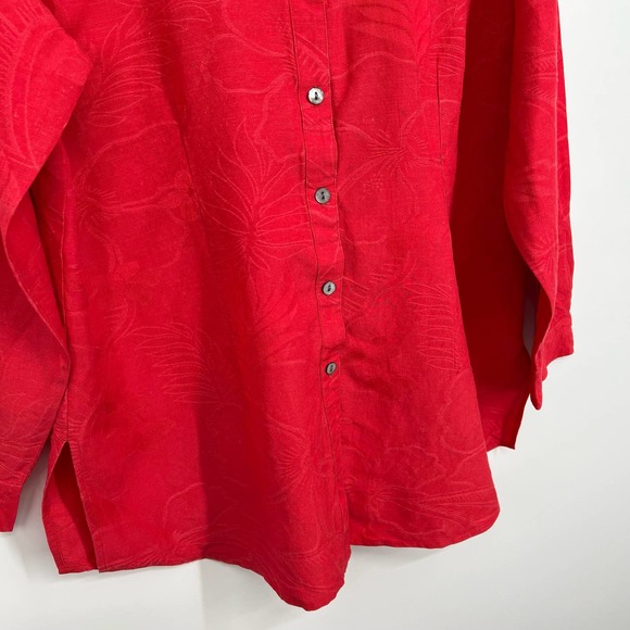 Chicos 2 LARGE Linen Blend Coral Red Long Sleeve Button Blouse Shirt Top Summer - Picture 5 of 8